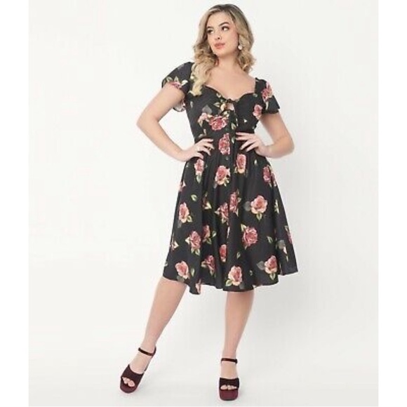 Unique Vintage Black & Pink Floral Ellias Swing Dress - Picture 2 of 10